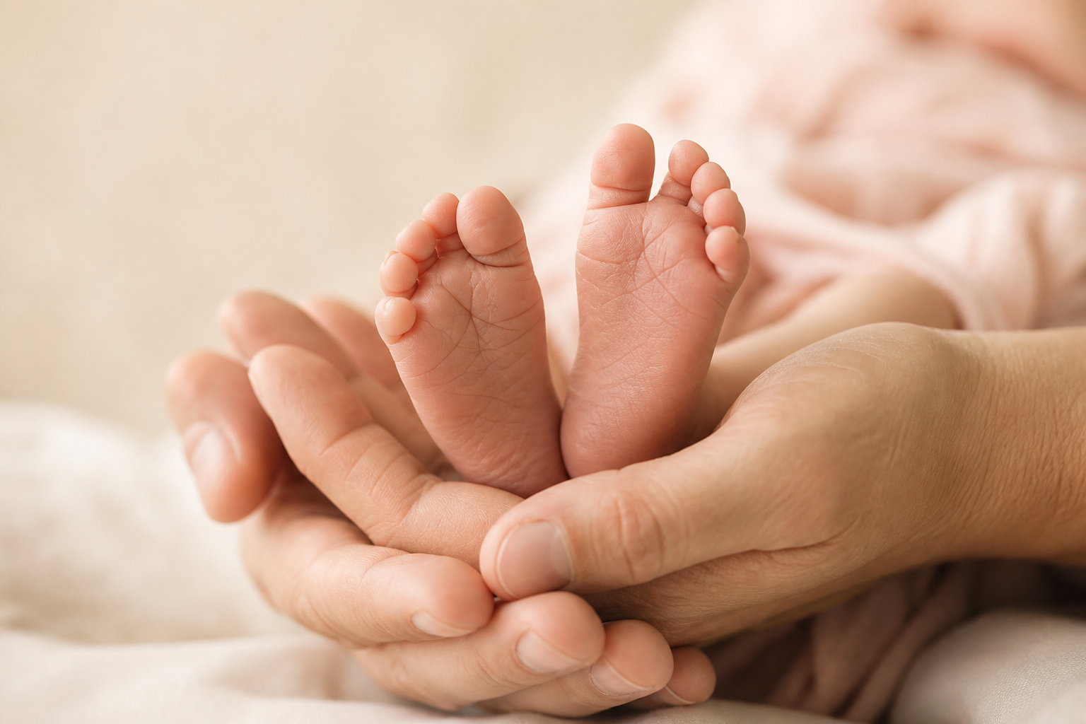 Piedini di un neonato tra le mani dei genitori