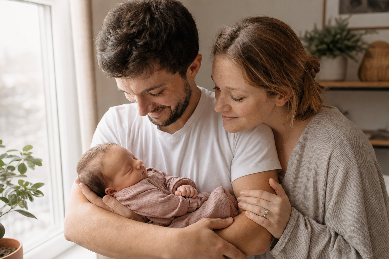 Famiglia con neonato in luce naturale